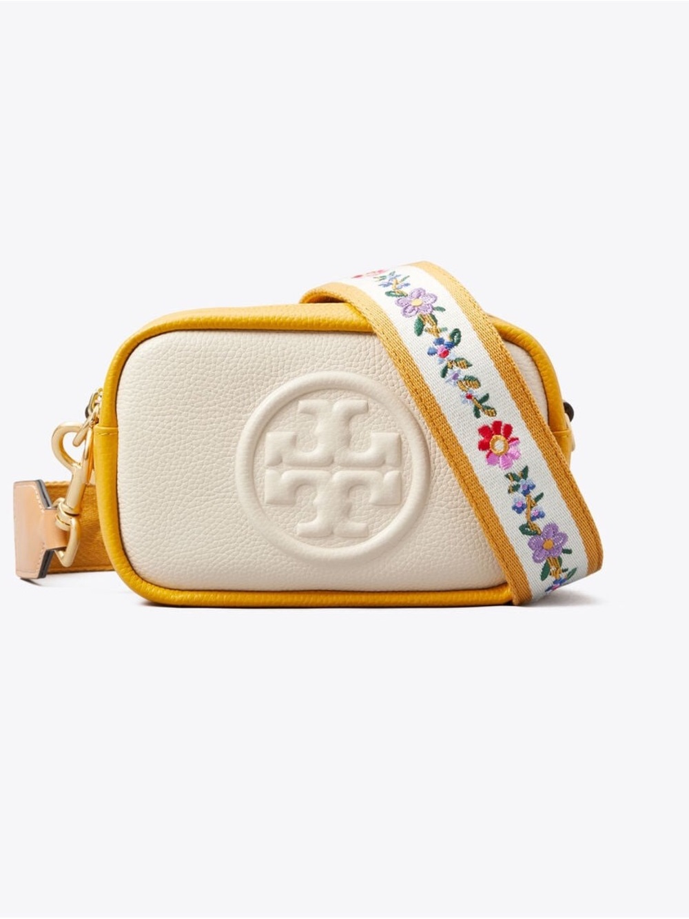 Tory Burch Cream Pebbled Leather Crossbody with Yellow Trim and Floral Strap